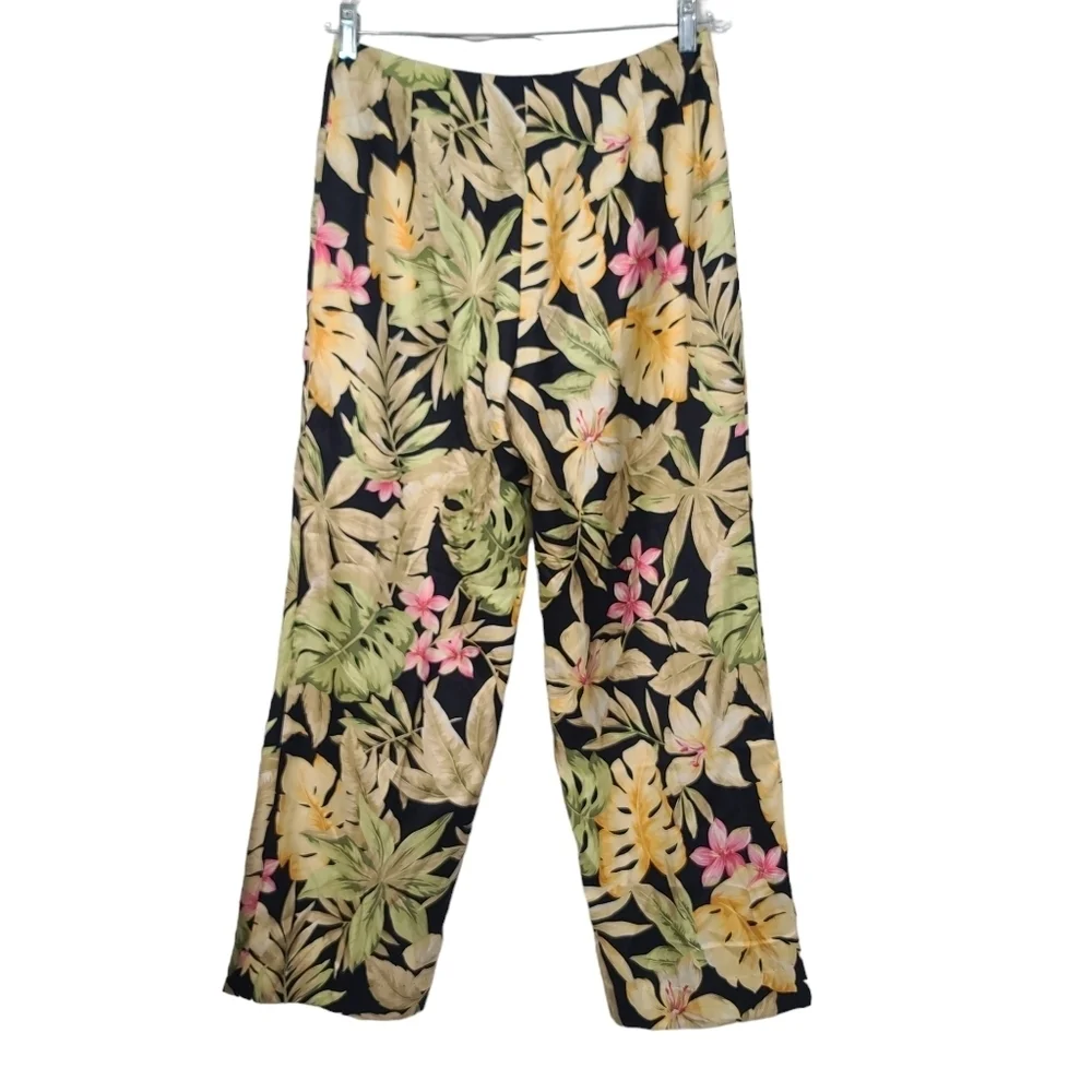 Talbots Floral Tropical Print Tan Yellow Green Pink Black Pure Silk Pants 8 - Picture 4 of 8